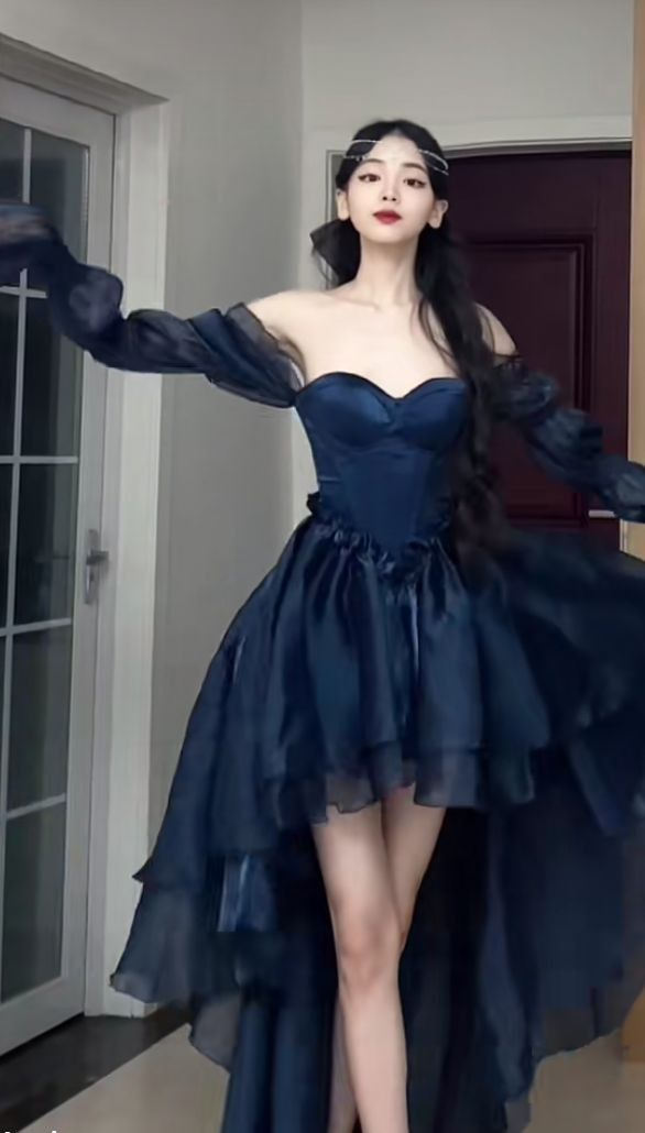 Spring Summer Vintage Style Off Shoulder Navy Blue Party Dress Women Elegant Princess Dress Y4808