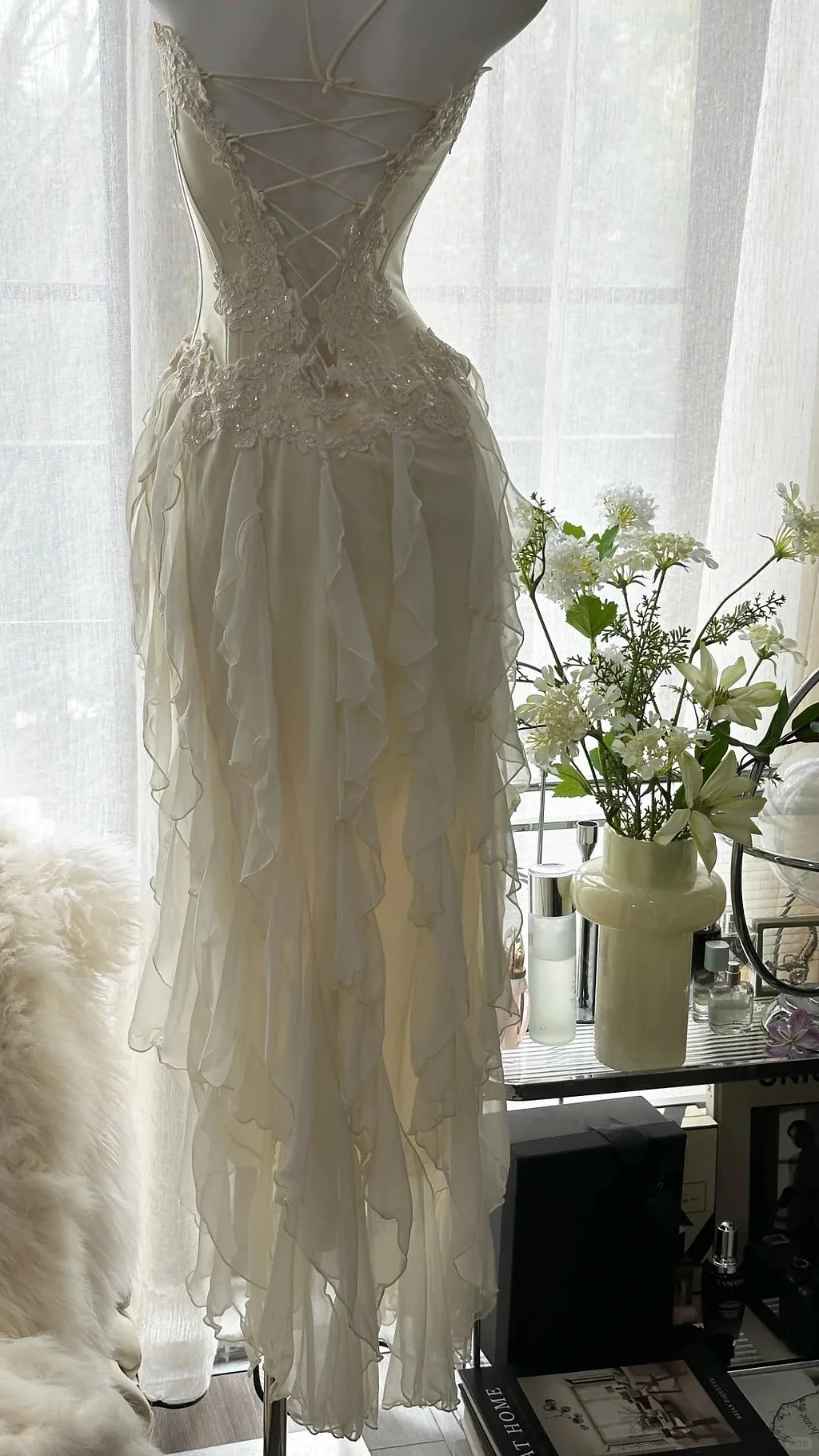 Chic Off White Chiffon Ruffles Party Dress,Strapless Appliques Prom Dress Y8743