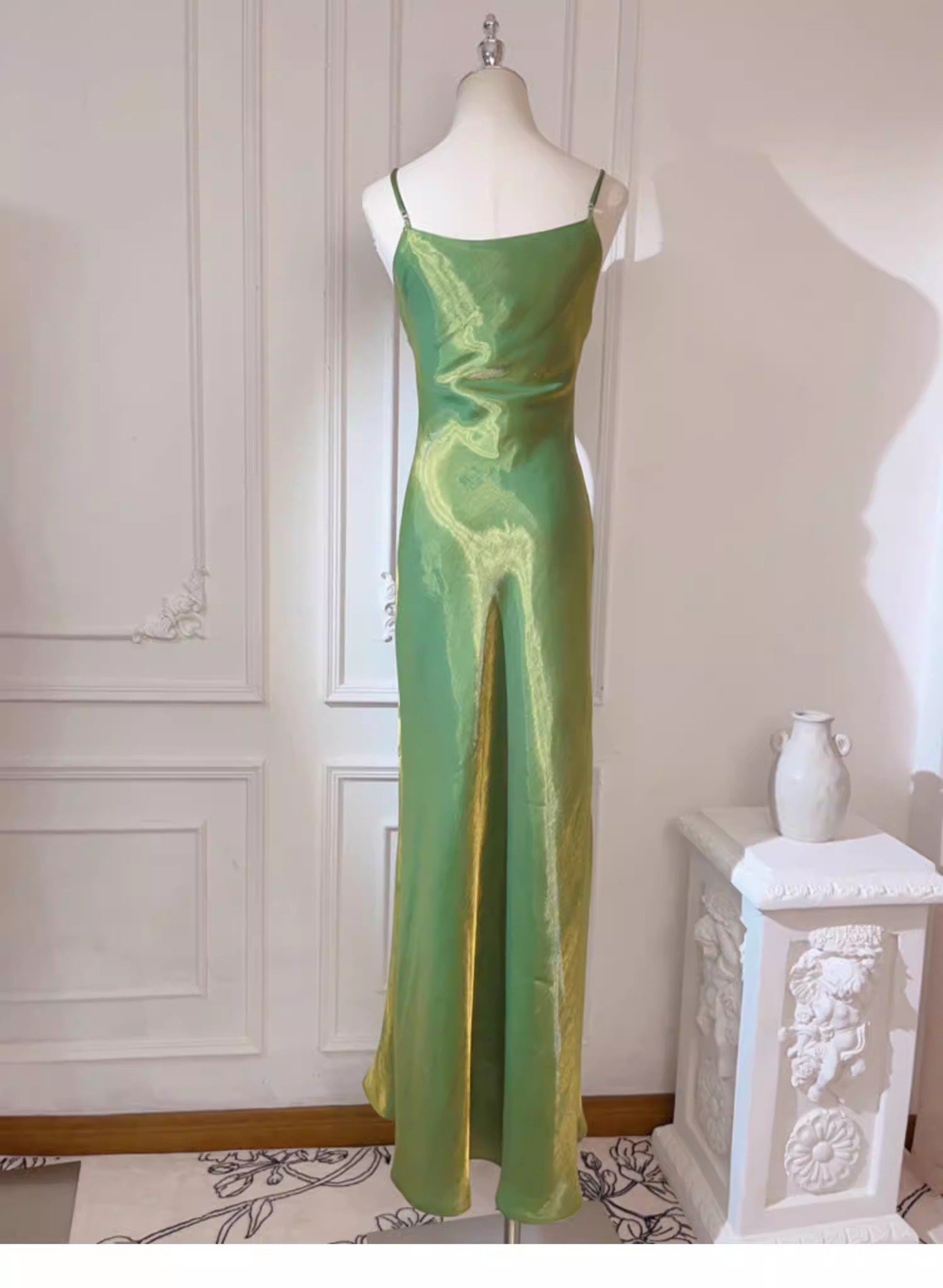 Simple Spaghetti Straps Satin Mermaid Long Wedding Guest Dress Green Birthday Party Gown SP1982