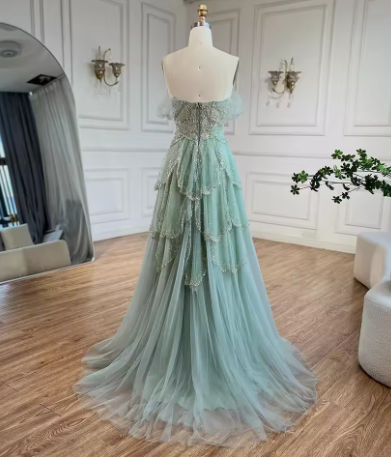 Sage Green A-Line Off The Shoulder Tulle Beaded Evening Dress,Formal Prom Dress Y8157