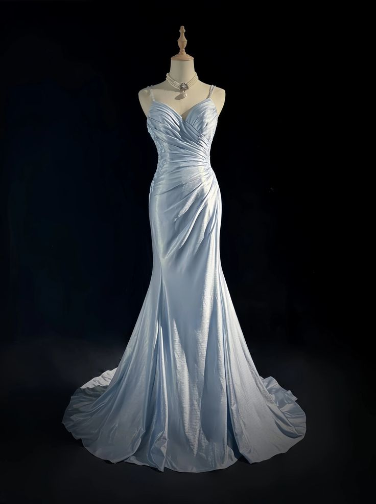 Elegant Blue Spaghetti Strap Prom Gown Pleated Backless Banquet Evening Dress Y8773