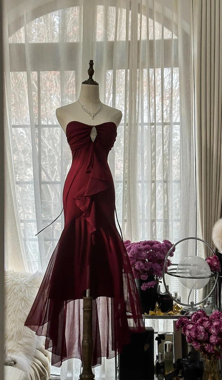 Sexy Burgundy Mermaid Chiffon Prom Dress Strapless Graduation Party Dress Y8783