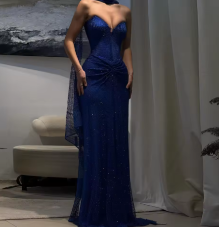 Elegant Royal Blue Tulle Sequin Strapless Mermaid Prom Dress Evening Gown With Ribbon Y9499