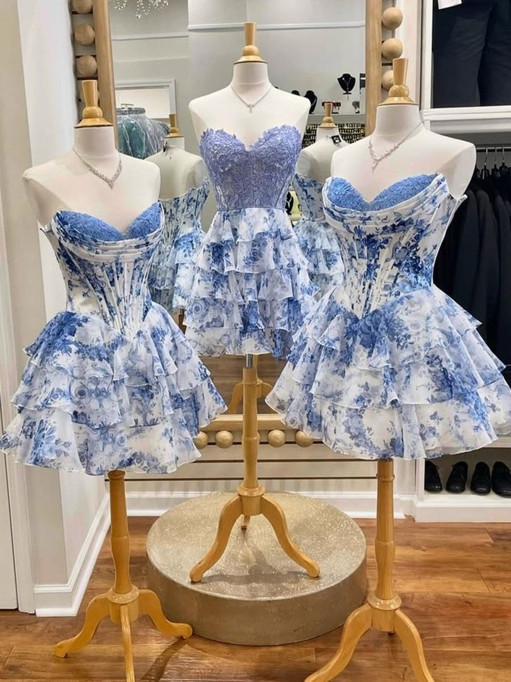 Elegant A Line Sweetheart Blue Chiffon Floral Ruffle Homecoming Dress Short 18th Birthday Outfits Y9357
