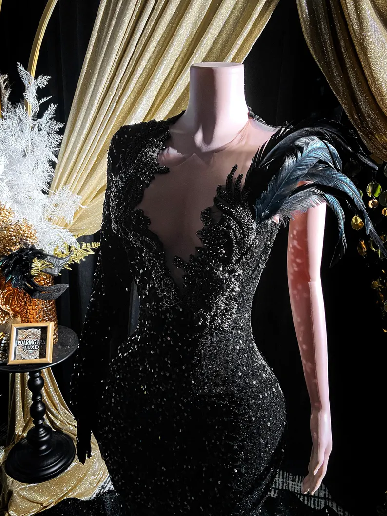 Black Sequins Rhinestone Applique Long Sleeve Mermaid Prom Dress Evening Dress Y8313