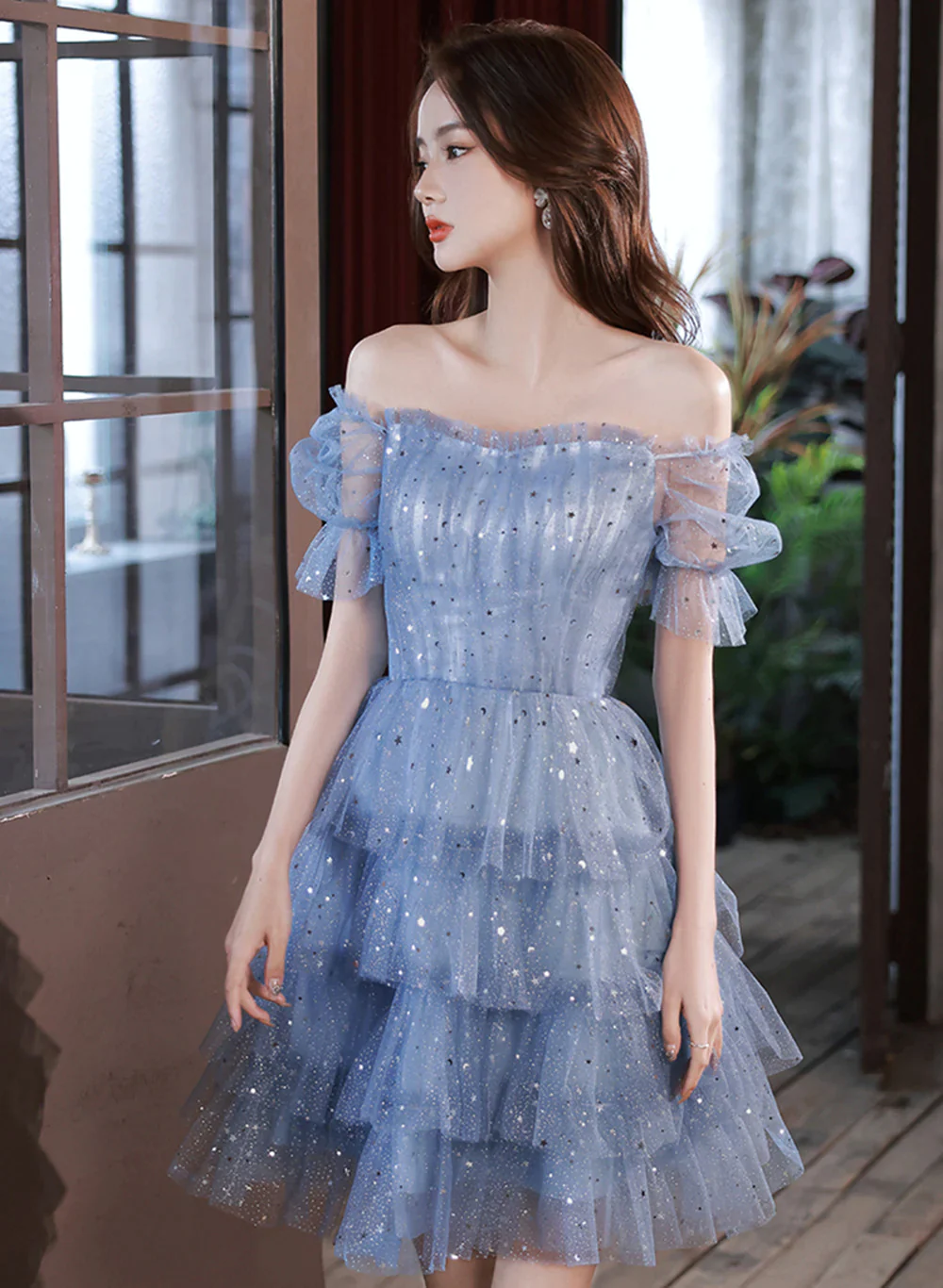 Blue Short Layers Tulle Formal Dress, Blue Off Shoulder Homecoming Dress Party Dress Y1975