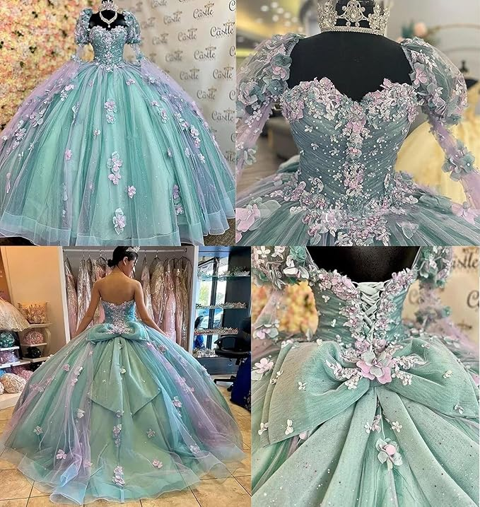 Lilac 3D Flowers Ball Gown Quinceanera Dresses Puff Long Sleeves Y6580
