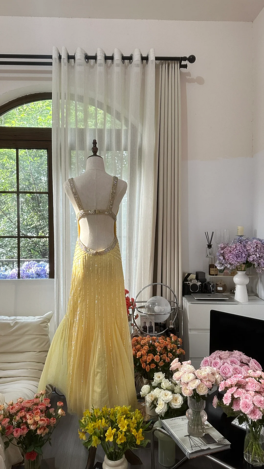 Shiny Yellow Chiffon Sequin Mermaid Long Backless Evening Dress Party Dress Wedding Guest Y9792