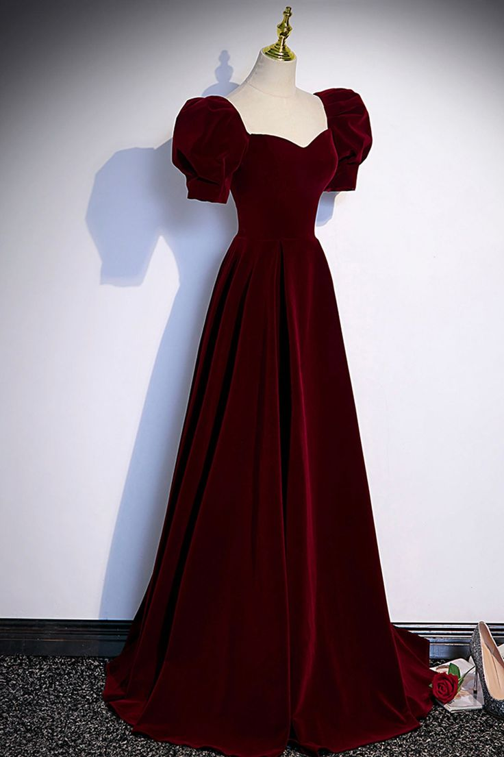 Burgundy Velvet Long A-Line Prom Dress, Simple Short Sleeve Party Dres Simplepromdress Burgundy Velvet Long A-Line Prom Dress, Simple Short Sleeve Party Dres Simplepromdress