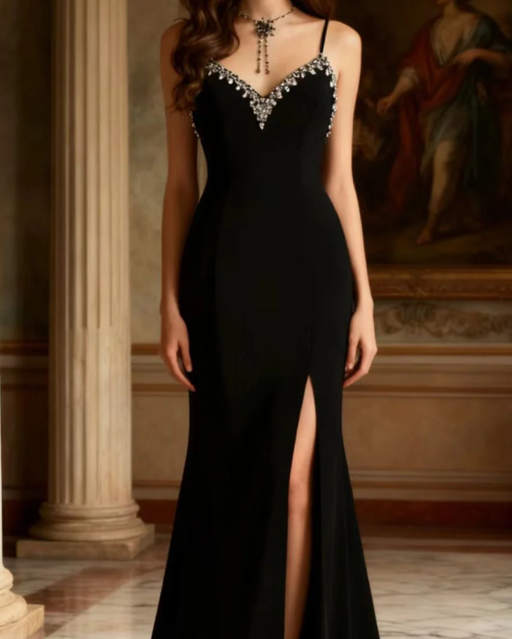 Elegant Spaghetti Straps Black V Neck Satin Beaded Slit Birthday Party Dress Prom Gown SP750