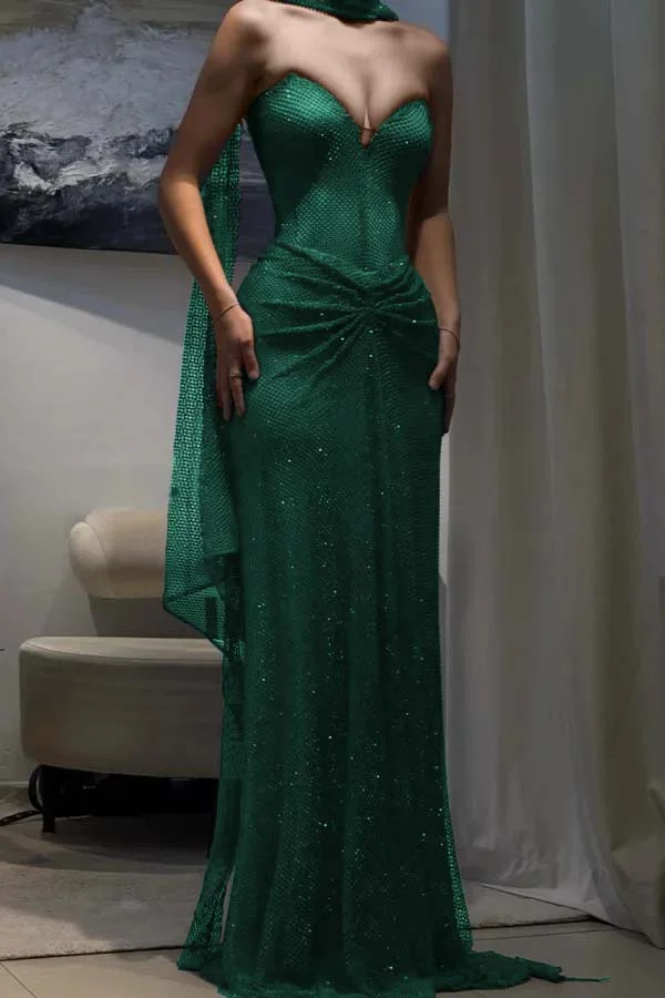 Elegant Royal Blue Tulle Sequin Strapless Mermaid Prom Dress Evening Gown With Ribbon Y9499