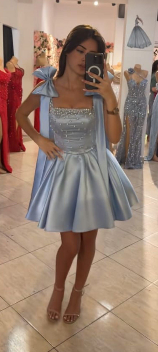 Cute Blue Bow Straps Satin Beaded A Line Short 15th Birthday Outfits Formal Homecoming Dress SP2311