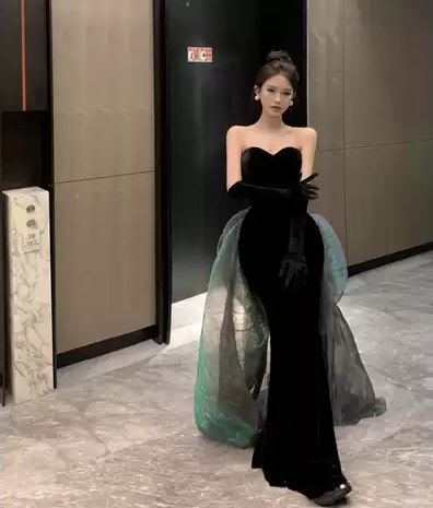 Sexy Mermaid Long Black Velvet Prom Dresses Long Prom Gown With Gloves Y7286
