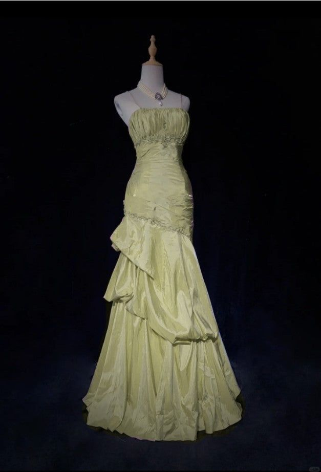 Gorgeous Spaghetti Straps Satin Pleated Beaded Evening Dress,Pink Mermaid Prom Dress Y8744