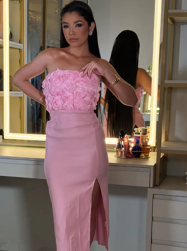 Chic Pink Strapless Flowers Prom Dress,Sheath Birthday Party Dress Y8226