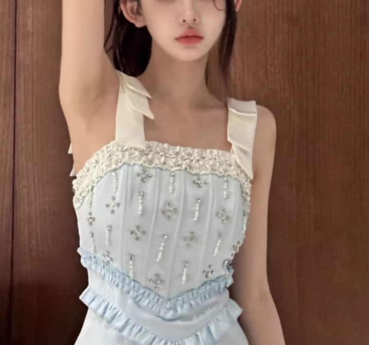 Cute Blue Straps Satin Beaded Sheath Short Birthday Outfits Formal Homecoming Dress Y9363