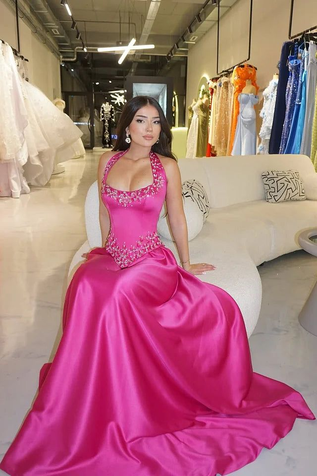 Pretty Hot Pink Satin Beaded Long Wedding Guest Dress Formal Party Dress SP1363