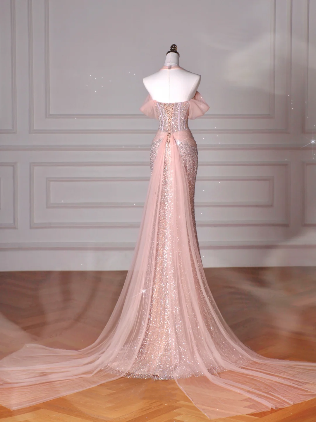 Classy Pink Halter Sequin Beaded Tulle Mermaid Evening Dress Long Prom Dress Y8620