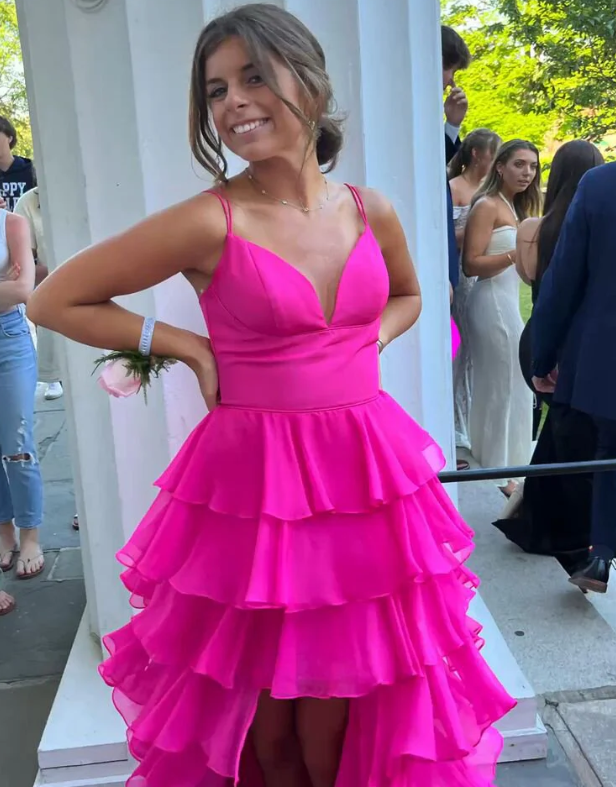 Newest A-line Spaghetti Straps V Neck Prom Dress,Tiered Dress Y1826