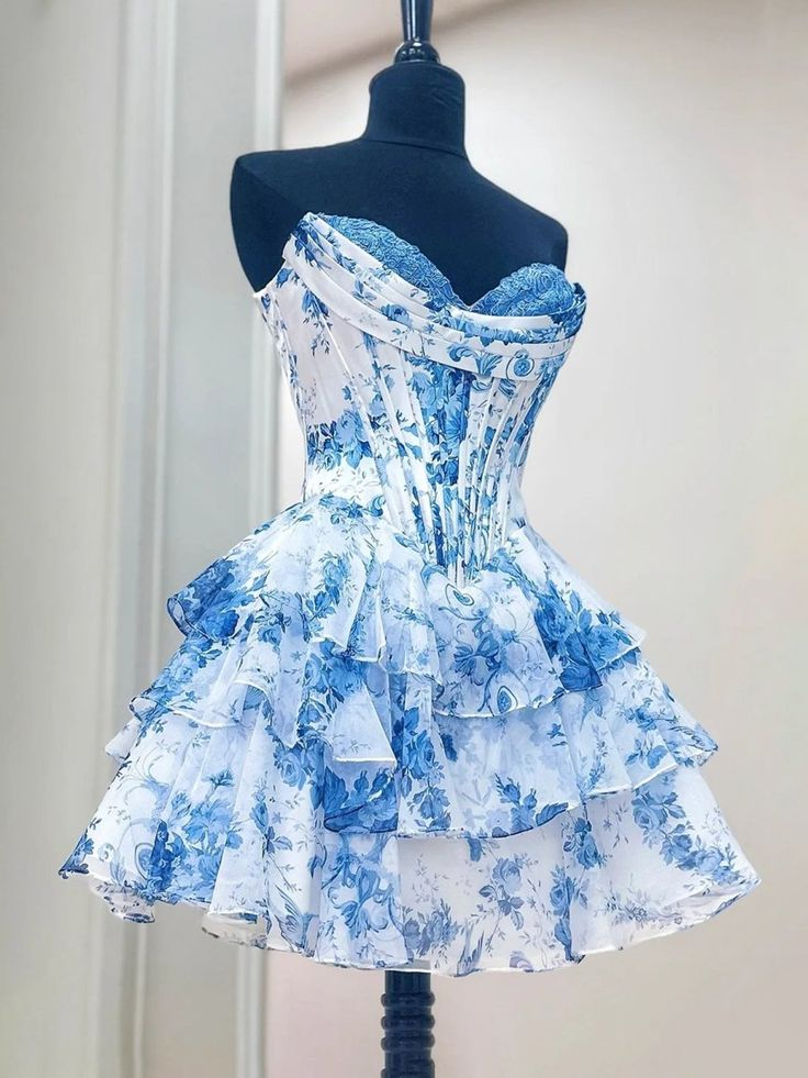 Elegant A Line Sweetheart Blue Chiffon Floral Ruffle Homecoming Dress Short 18th Birthday Outfits Y9357