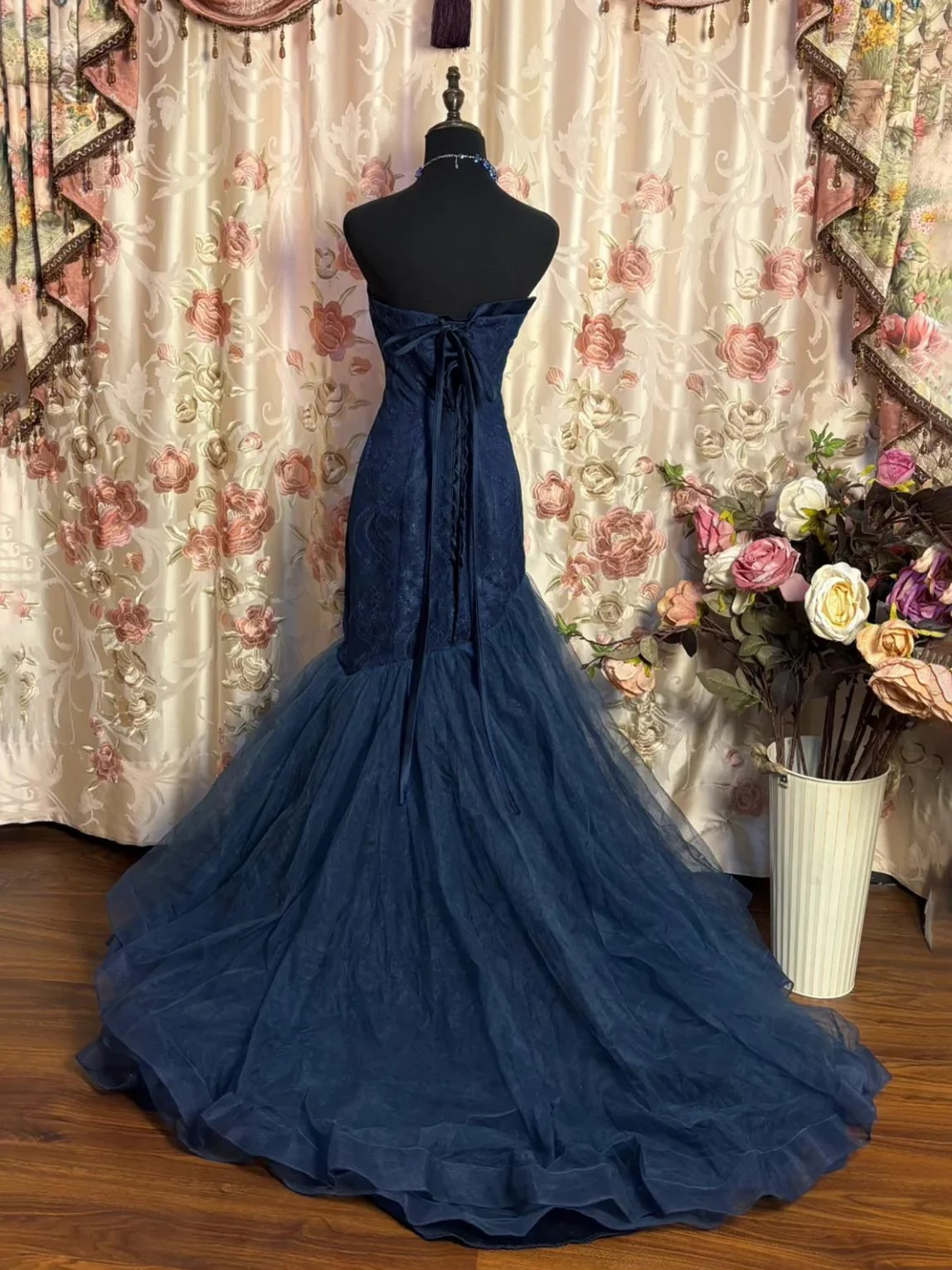 Classy Navy Blue Tulle Appliques Beaded Mermaid Formal Wedding Guest Dress Long Party Dress SP1378