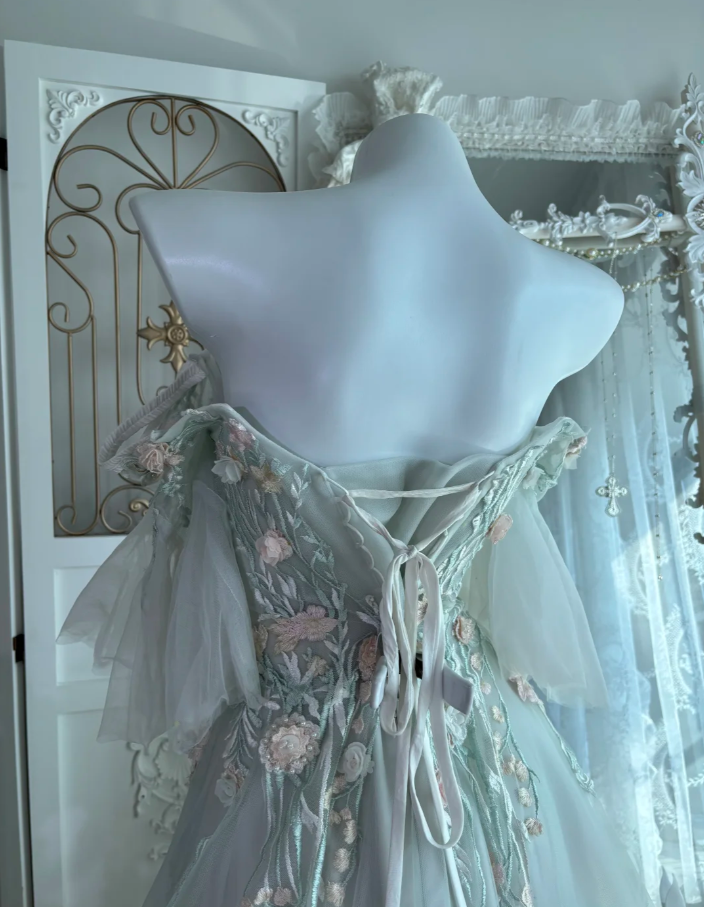 Elegant Off The Shoulder Tulle Appliques Beaded Mermaid Party Dress, Light Green Long Wedding Guest Dress SP1455