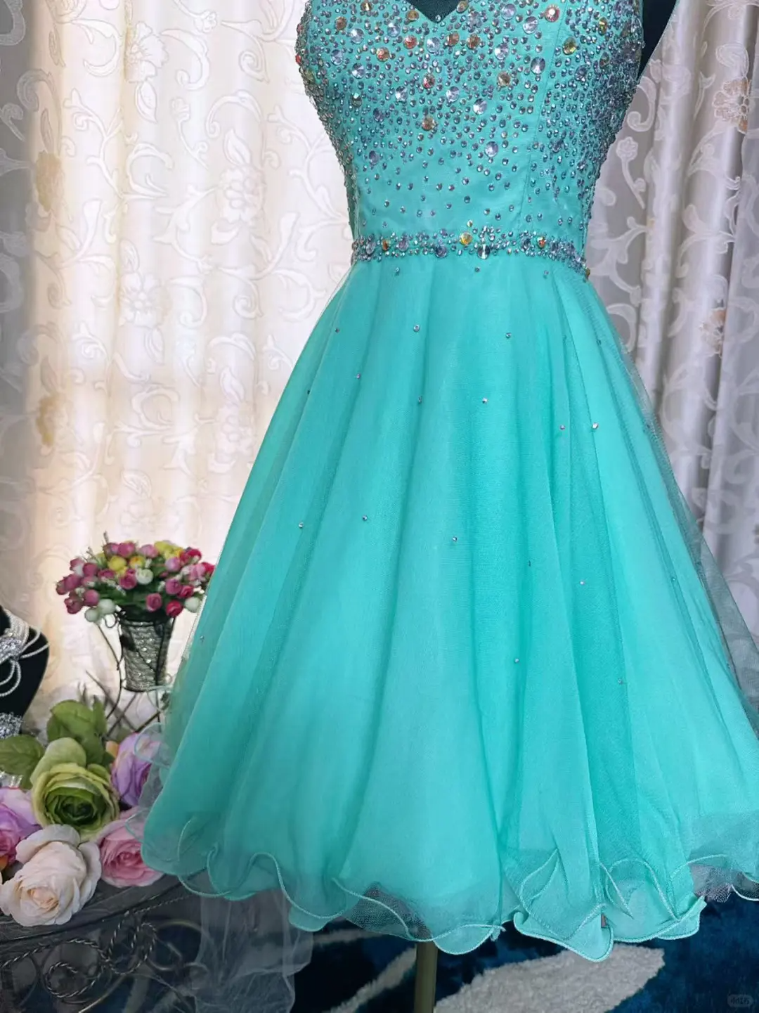 Gorgeous Green Tulle Beaded A Line Short Homecoming Dress Formal Birthday Outfits Y9471