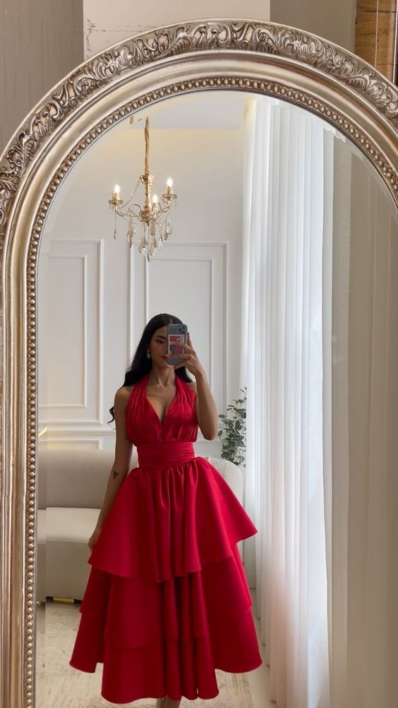 Elegant Red Halter Neckline A-line Prom Dress,Red Party Gown Y5251