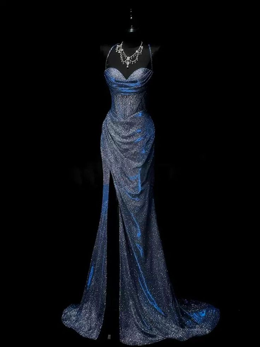 Classy Mermaid Spaghetti Straps Navy Blue Satin Long Evening Dress Prom Dress  Y8768