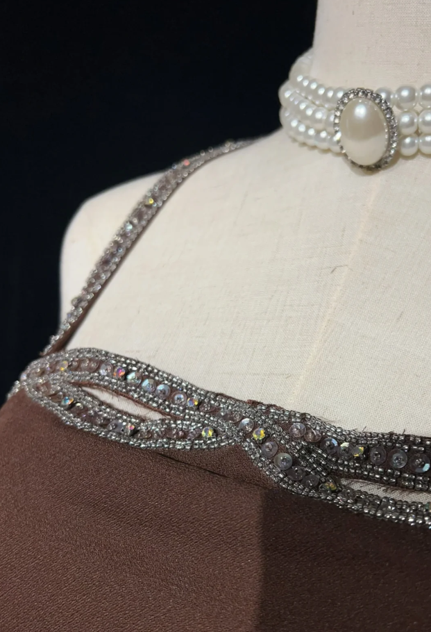 Stylish Spaghetti Straps Brown Satin Beaded Slit Long wedding Guest Dress Formal Evening Dress SP1970