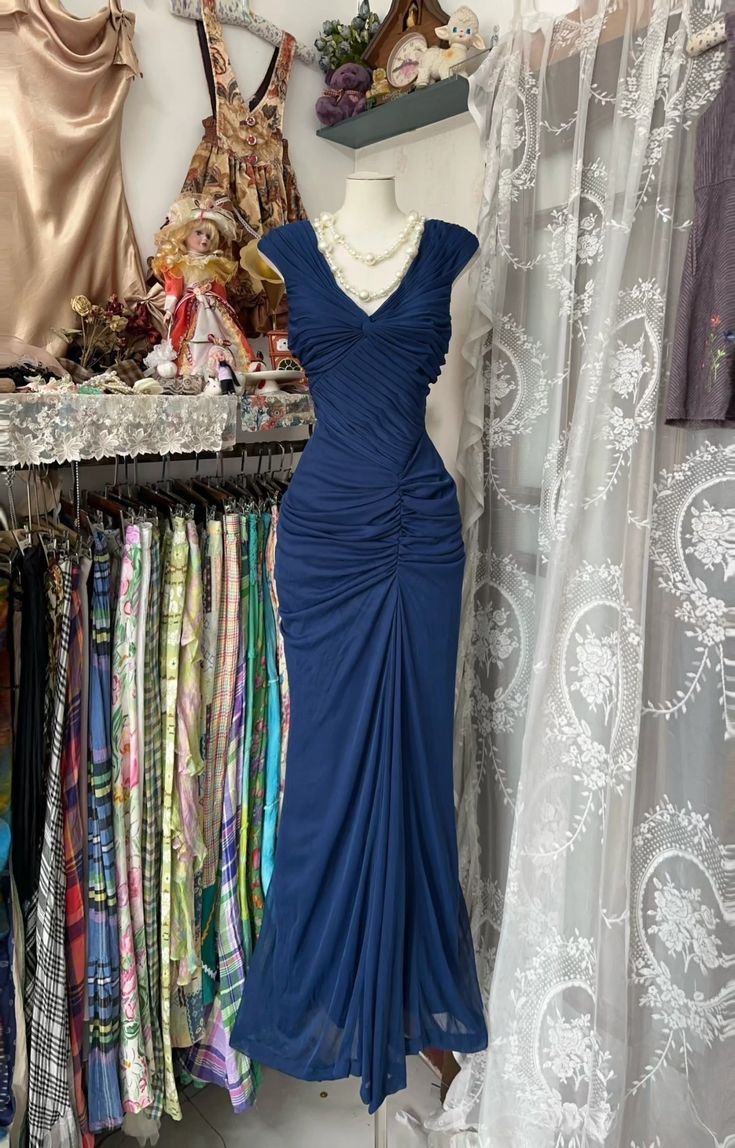 Vintage Mermaid Navy Blue Pleated Floor Length Party Dress Prom Dress Y8760