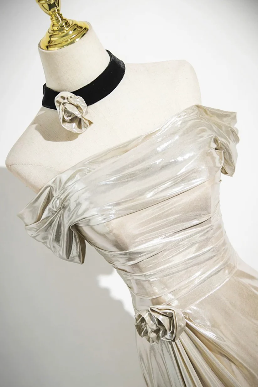 Charming Champagne Off The Shoulder Satin Prom Dress,Mermaid Evening Gown Y8202