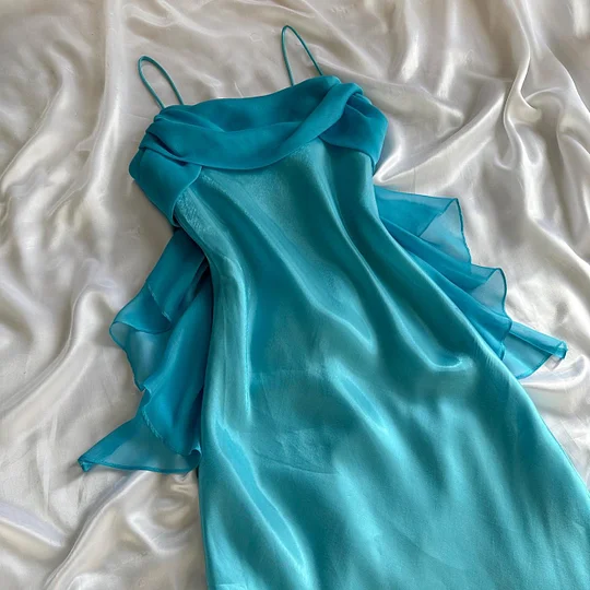 Classy Blue Spaghetti Straps Satin Chiffon Long Prom Dress Evening Dress Y9770