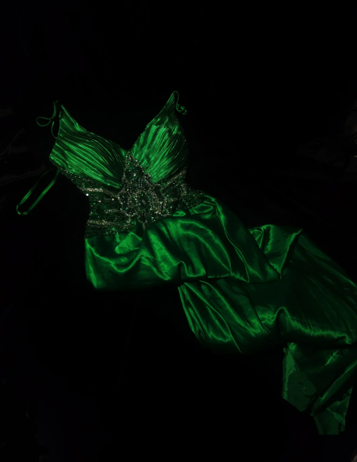 Classy V Neck Spaghetti Straps Green Satin Beaded Mermaid Birthday Prom Dress Evening Gown SP568