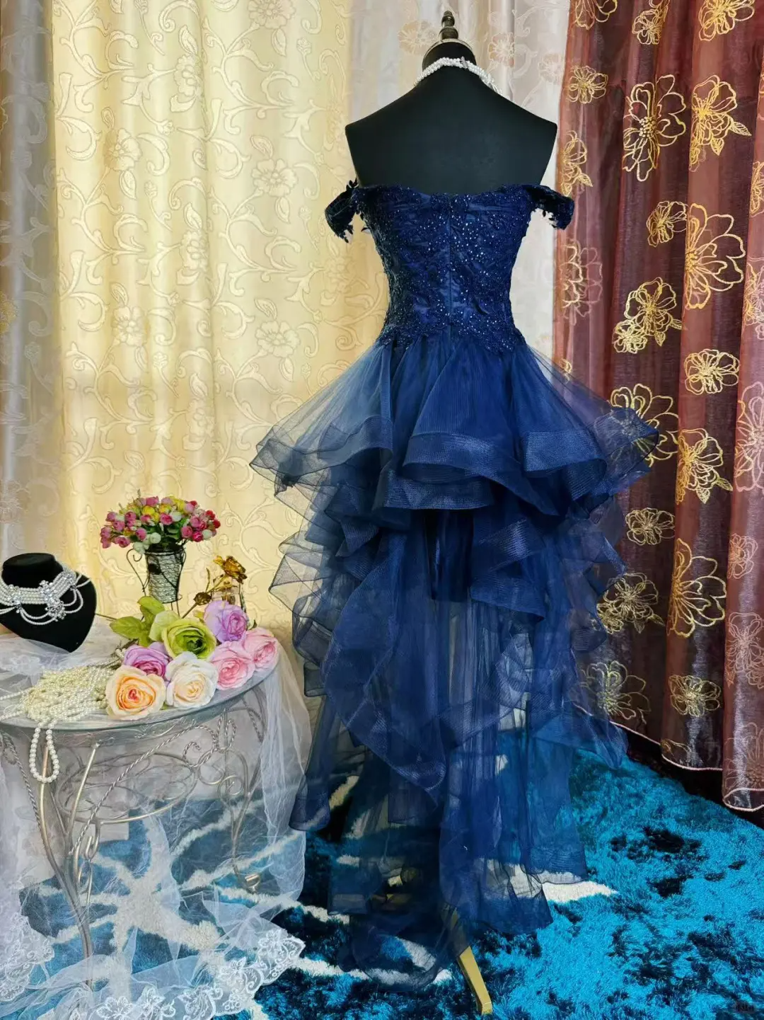 Vintage Off The Shoulder Navy Blue Tulle Appliques Short Homecoming Dress Birthday Outfits SP79