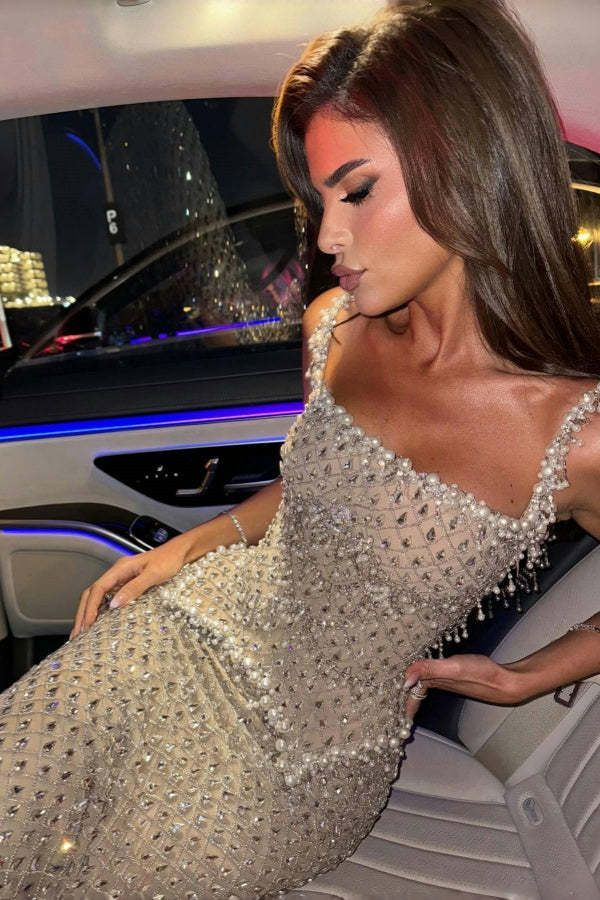 Gorgeous Spaghetti Straps Champagne Satin Beaded Mermaid Long Prom Dress Party Gown SP974