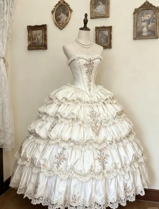 Classy White Sweetheart Neck Satin Lace Layered Ball Gown Formal Quinceanera Dress SP323