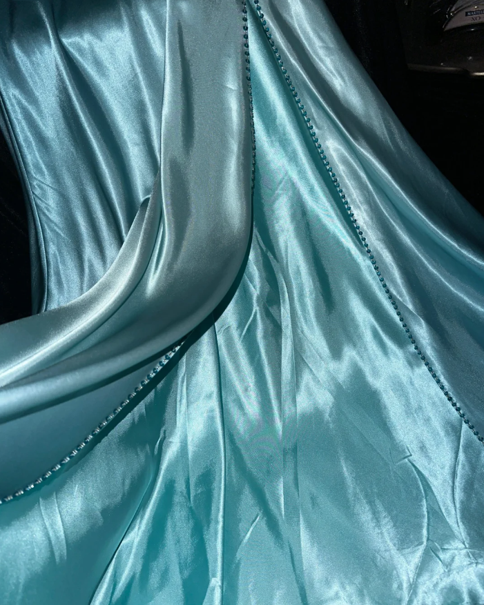 Classy Halter Blue Satin Beaded Mermaid Long Birthday Prom Dress Evening Gown SP1066