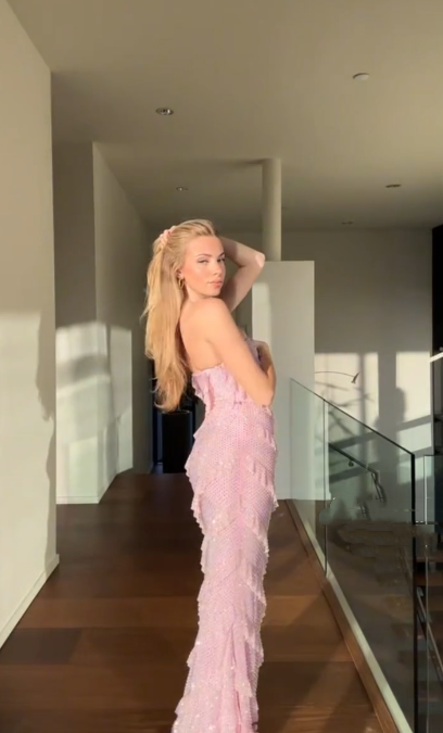 Glamorous Strapless Pink Sequin Ruffle Long Party Dress Wedding Guest Dress SP358