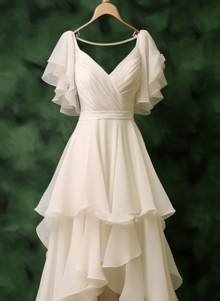 Pretty White Chiffon High Low Party Dress,Layered Wedding Prom Dress Y7749