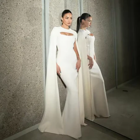 Elegant White Mermaid Straps Long Prom Dress Formal Evening Dress With Cape Y9315