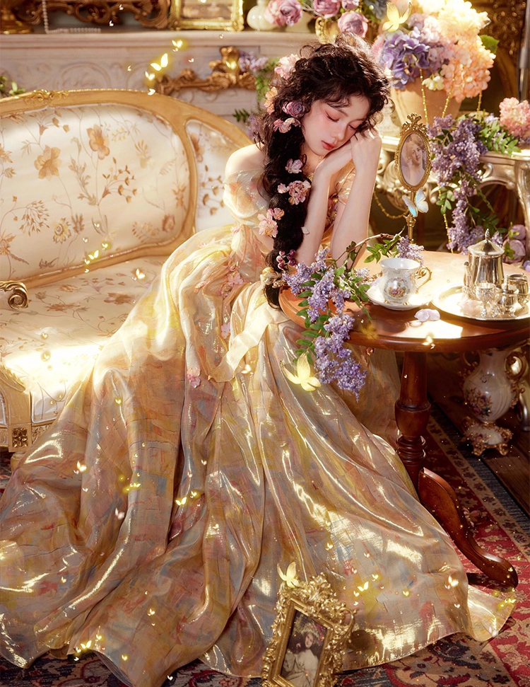 Gorgeous Gold Off The Shoulder Print Floral Long Party Dress Formal Prom Dress Y9365