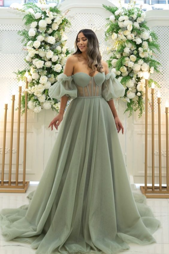 Women's A-line Sage Tulle Corset Prom Dress Y6034 Simplepromdress Women's A-line Sage Tulle Corset Prom Dress Y6034 Simplepromdress