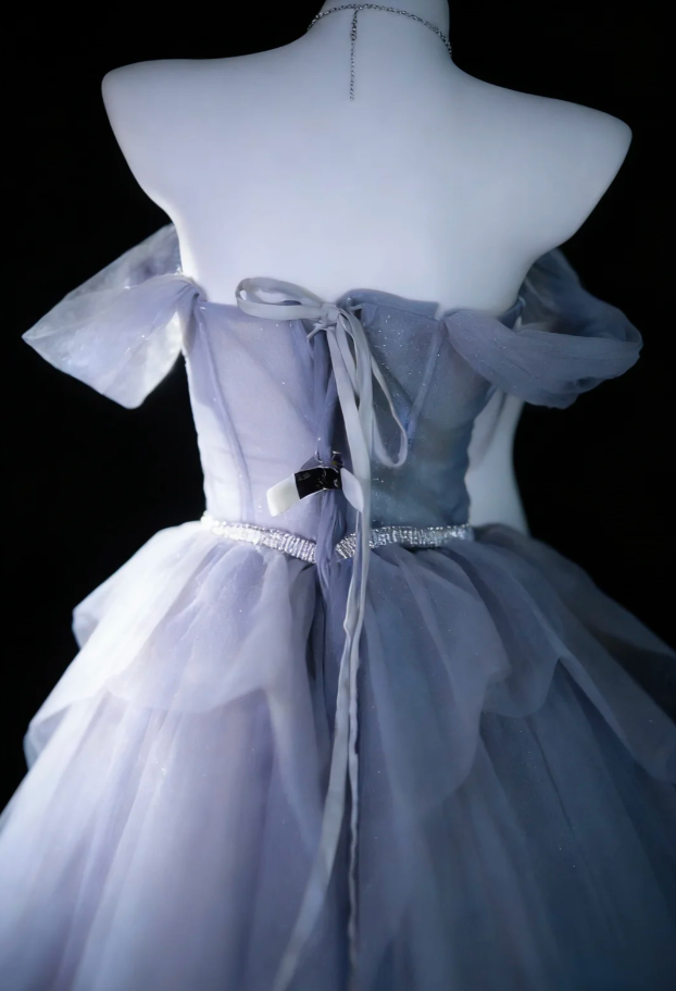 Shiny Blue Off The Shoulder Tulle Sequin Long Evening Dress 20th Birthday Outfits With Beads SP1837