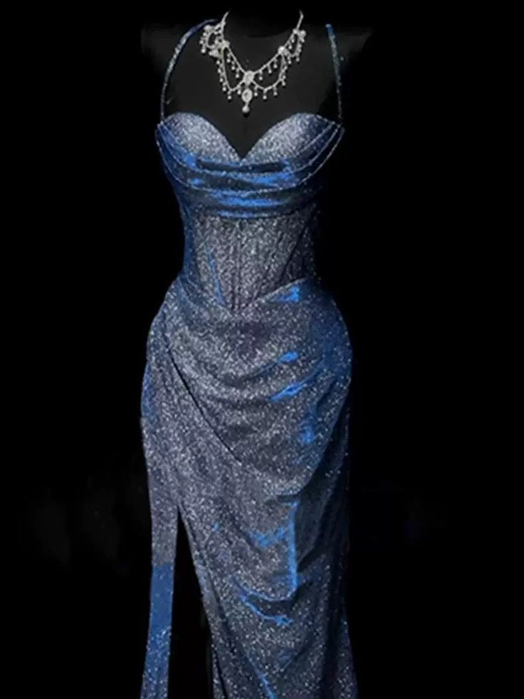 Classy Mermaid Spaghetti Straps Navy Blue Satin Long Evening Dress Prom Dress Y8768