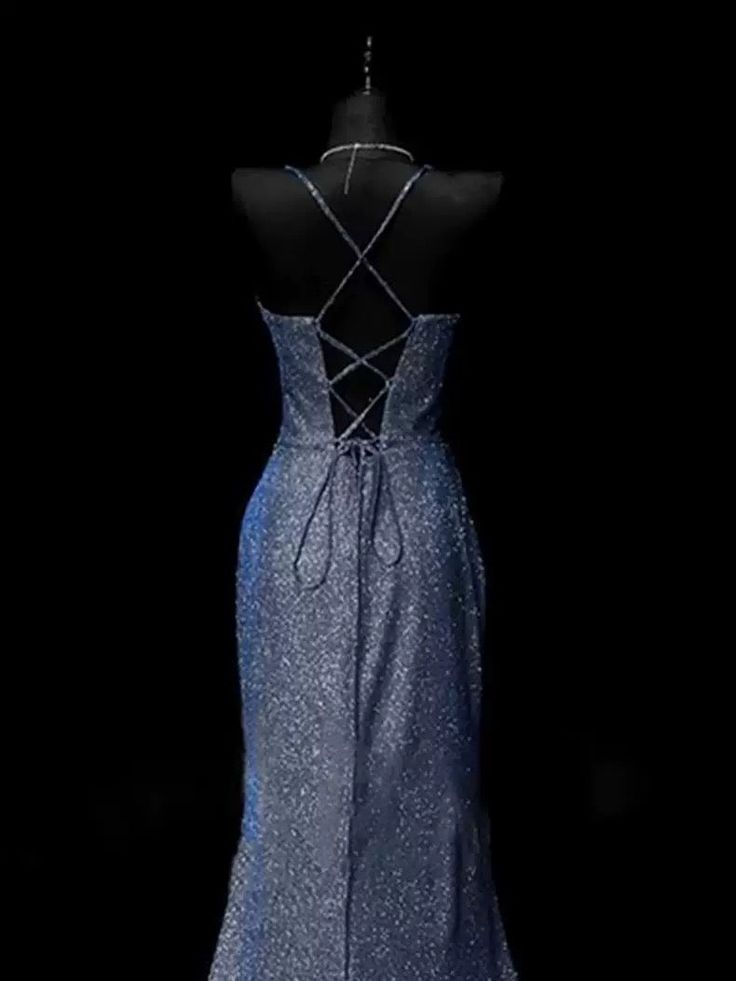 Classy Mermaid Spaghetti Straps Navy Blue Satin Long Evening Dress Prom Dress Y8768
