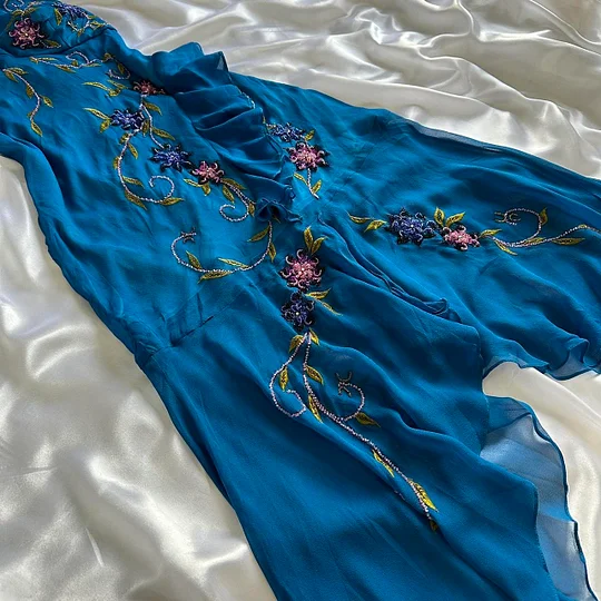 Pretty Halter Blue Chiffon Ruffle Mermaid Evening Dress Long Party Gown Y9745