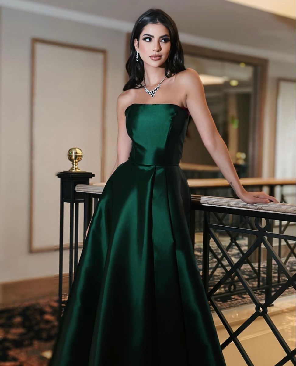 Emerald Green Strapless A-line Evening Dress,Emerald Green Satin
