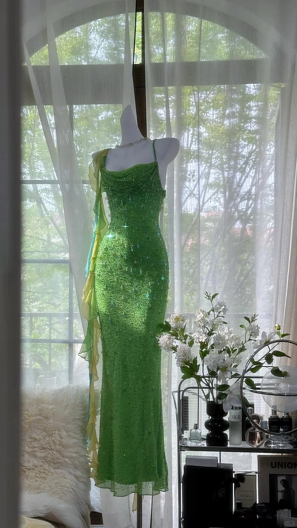 Gorgeous Spaghetti Straps Green Chiffon Sequins Evening Dress Backless Beaded Party Dress Y8708