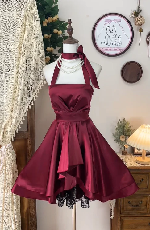 Pretty Burgundy Satin Lace A Line Halter Homecoming Dress Cocktail Dress Y8881
